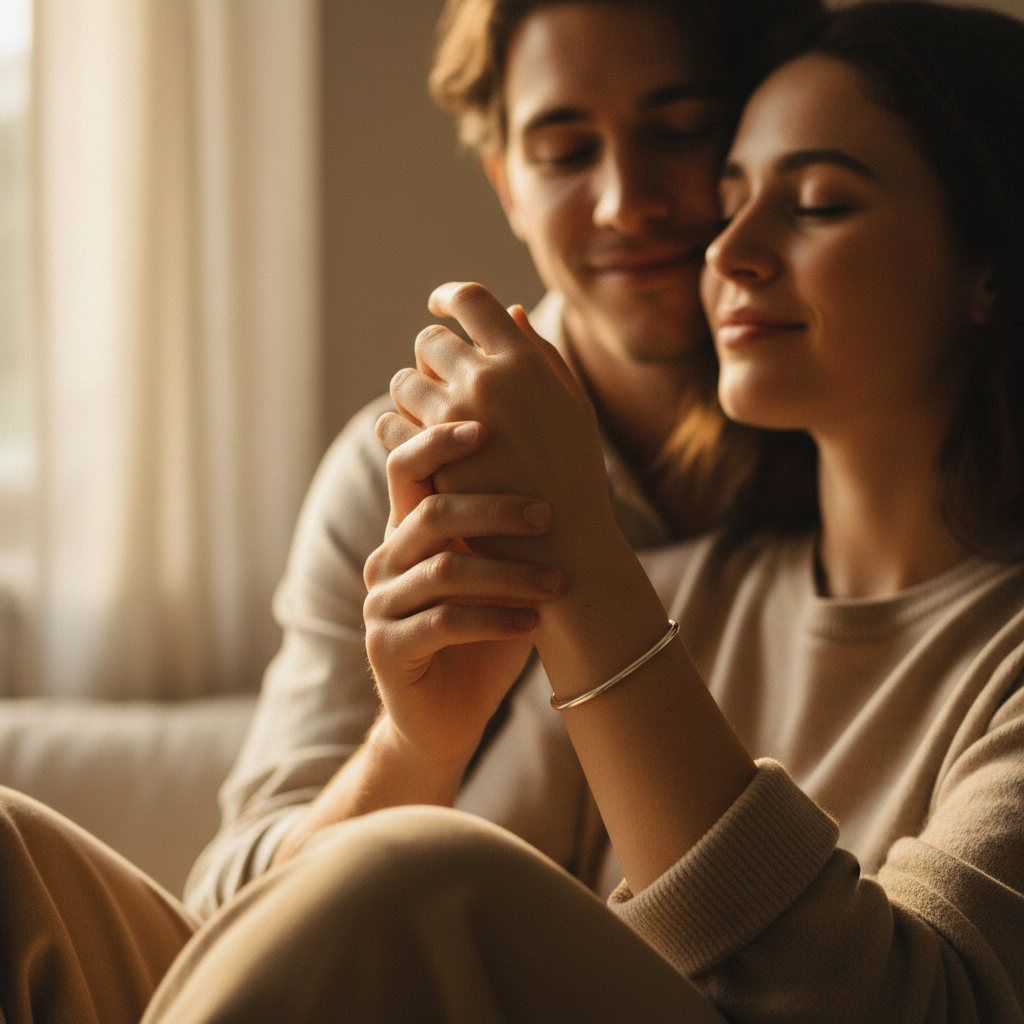 A couple together, one wearing a touch bracelet